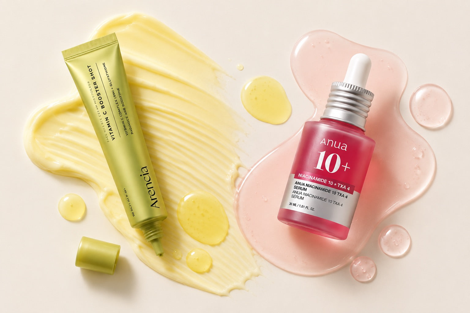 Arencia Vitamin C Booster Shot and Anua Niacinamide 10 + TXA 4 serum side by side with yellow cream and pink serum textures.