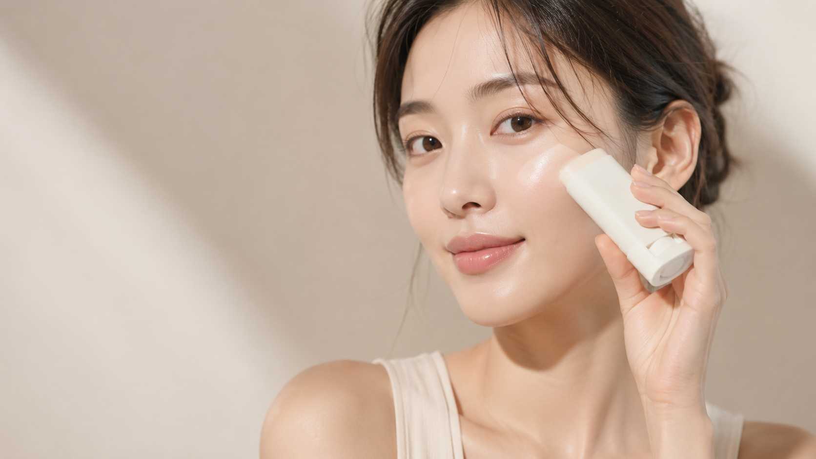 Woman reapplying Korean sunscreen over makeup during the day