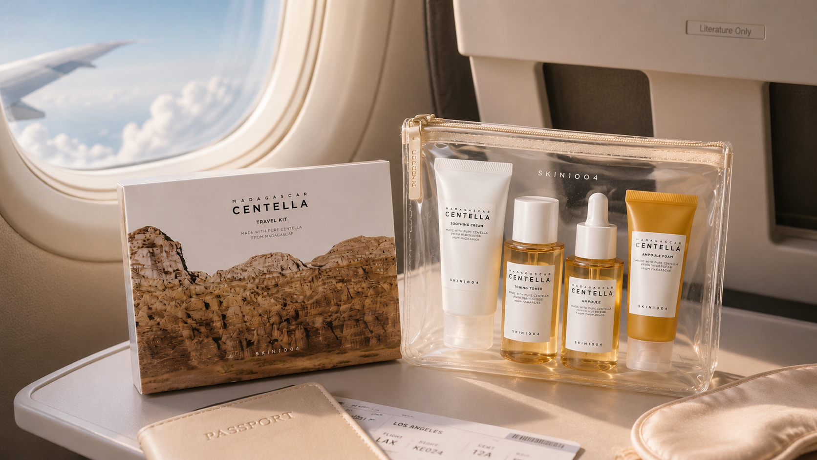 Travel-size Korean skincare minis packed in a clear carry-on liquids bag