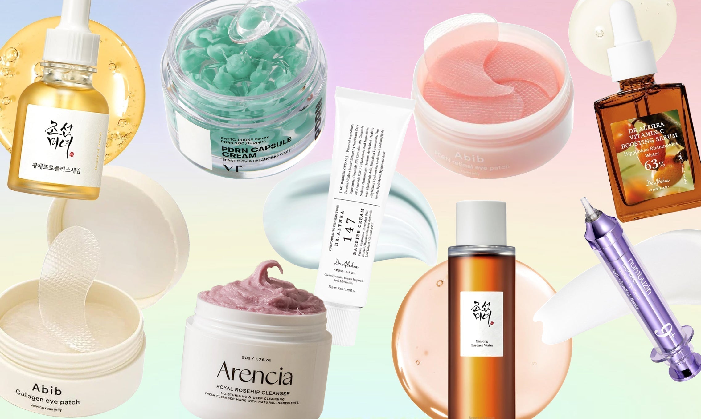 Multiple korean skincare products on colorful background