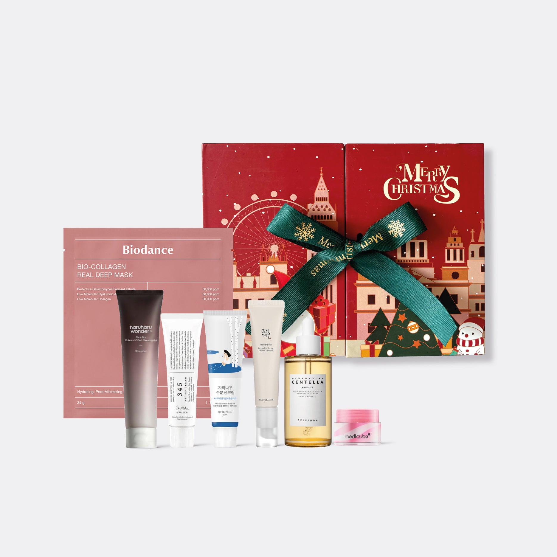 Merry & Glowy Skin Set Christmas K-Beauty bundle|Christmas Korean skincare gift set 7 products|Winter glow K-Beauty holiday skincare collection|Korean skincare Christmas gift set flatlay|
