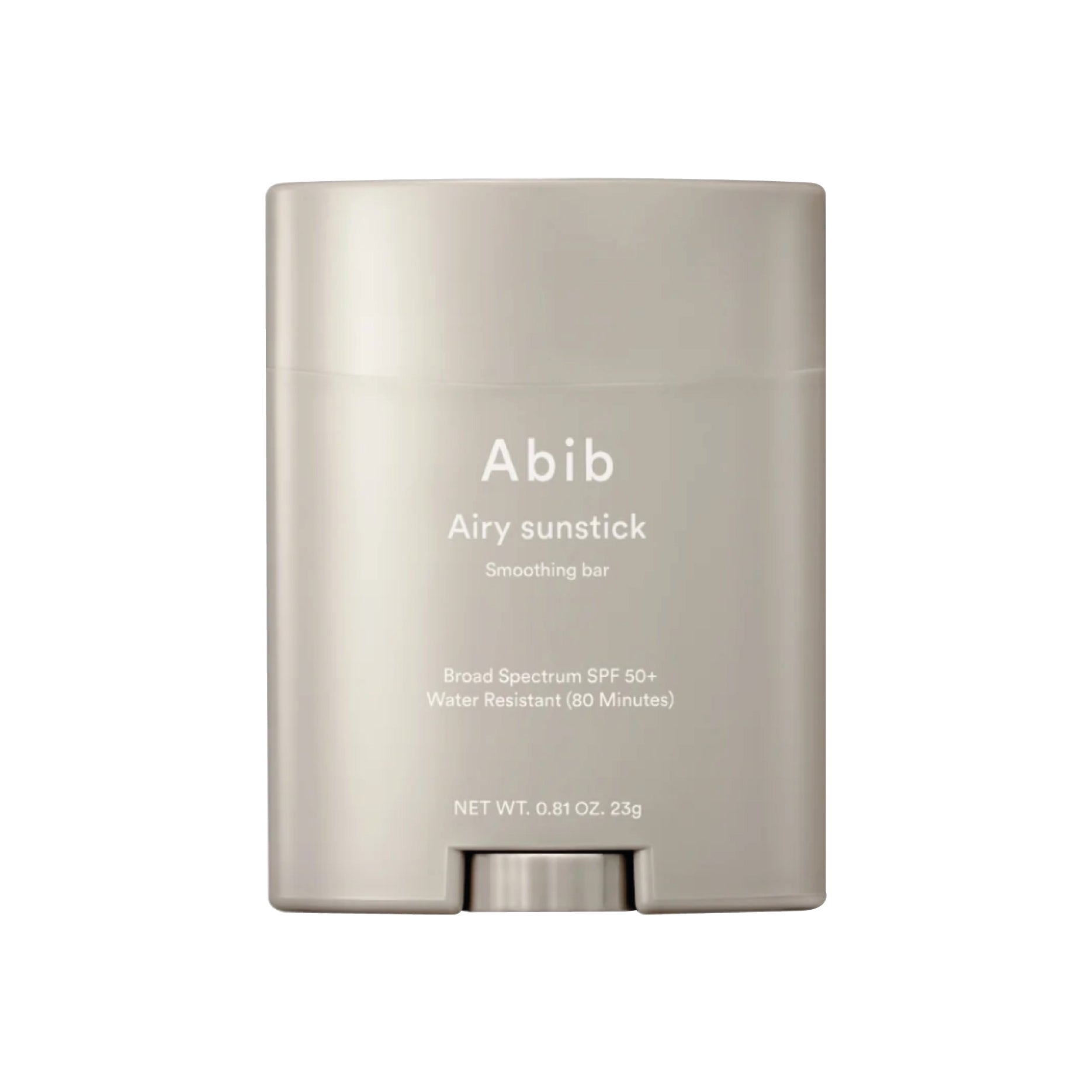 Grey sunstick container with ABIB Airy Sunstick Smoothing bar branding on a white background