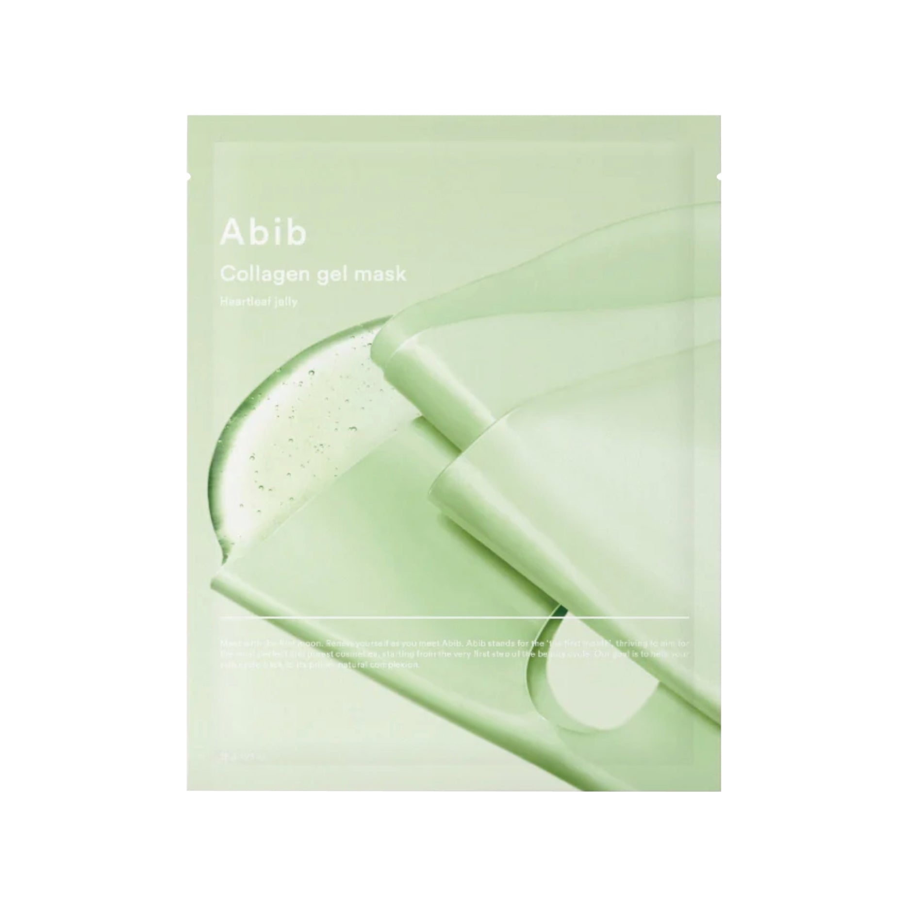 Collagen gel mask packaging with 'Abib' branding on a light green background