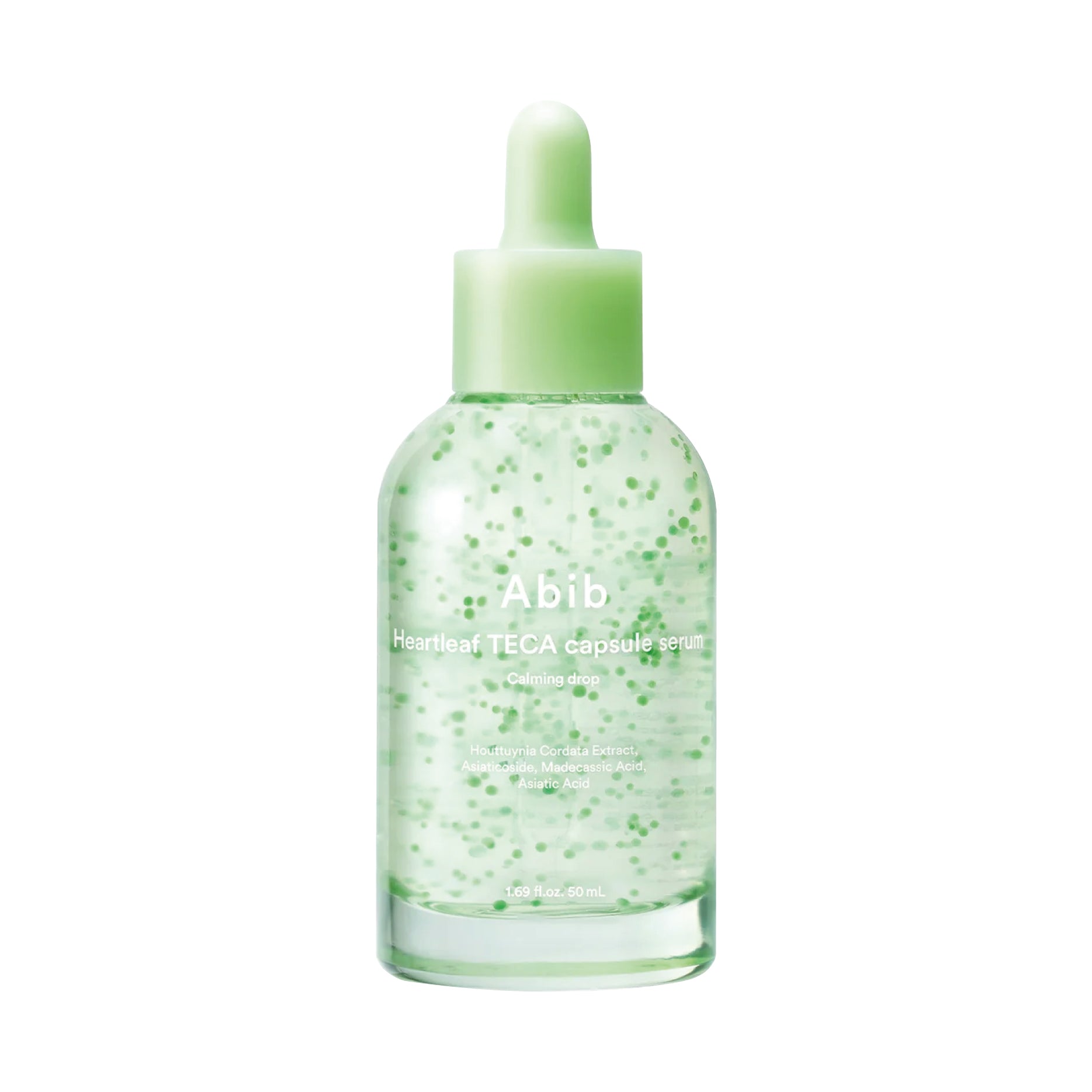 ABIB Heartleaf TECA capsule serum Calming drop Green skincare serum bottle with dropper on a white background