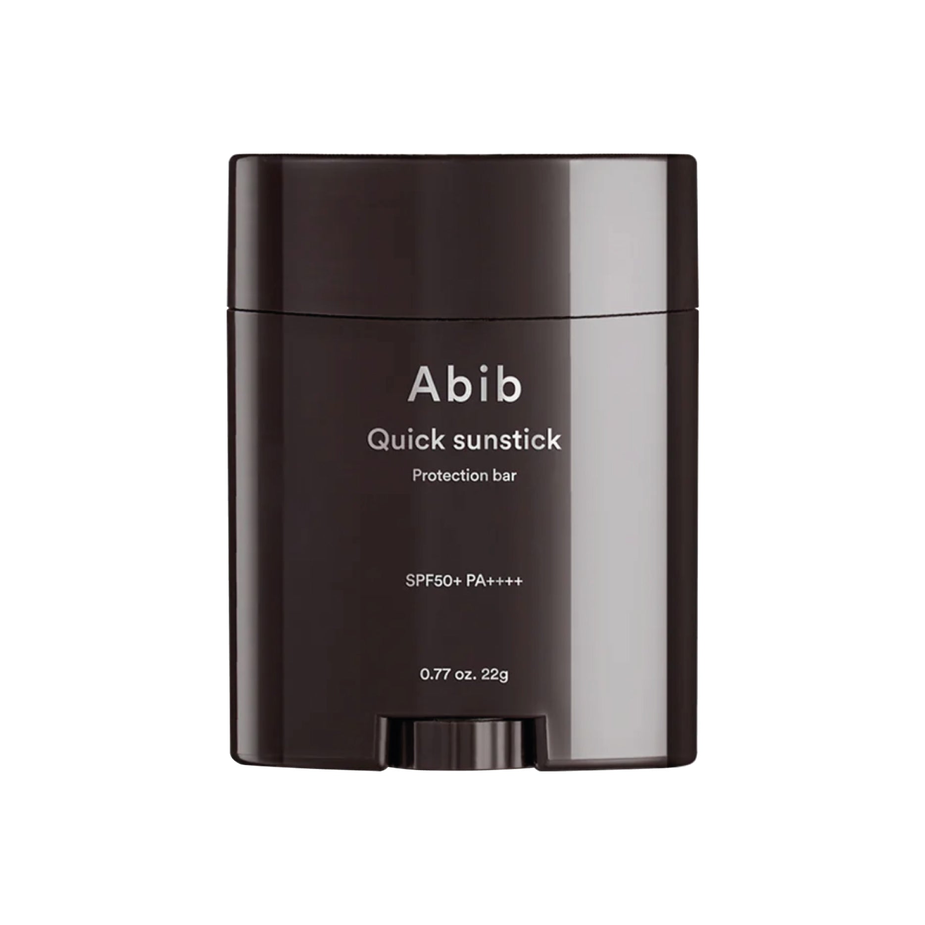 Black sunstick container with ABIB Quick Sunstick Protection bar branding on a white background