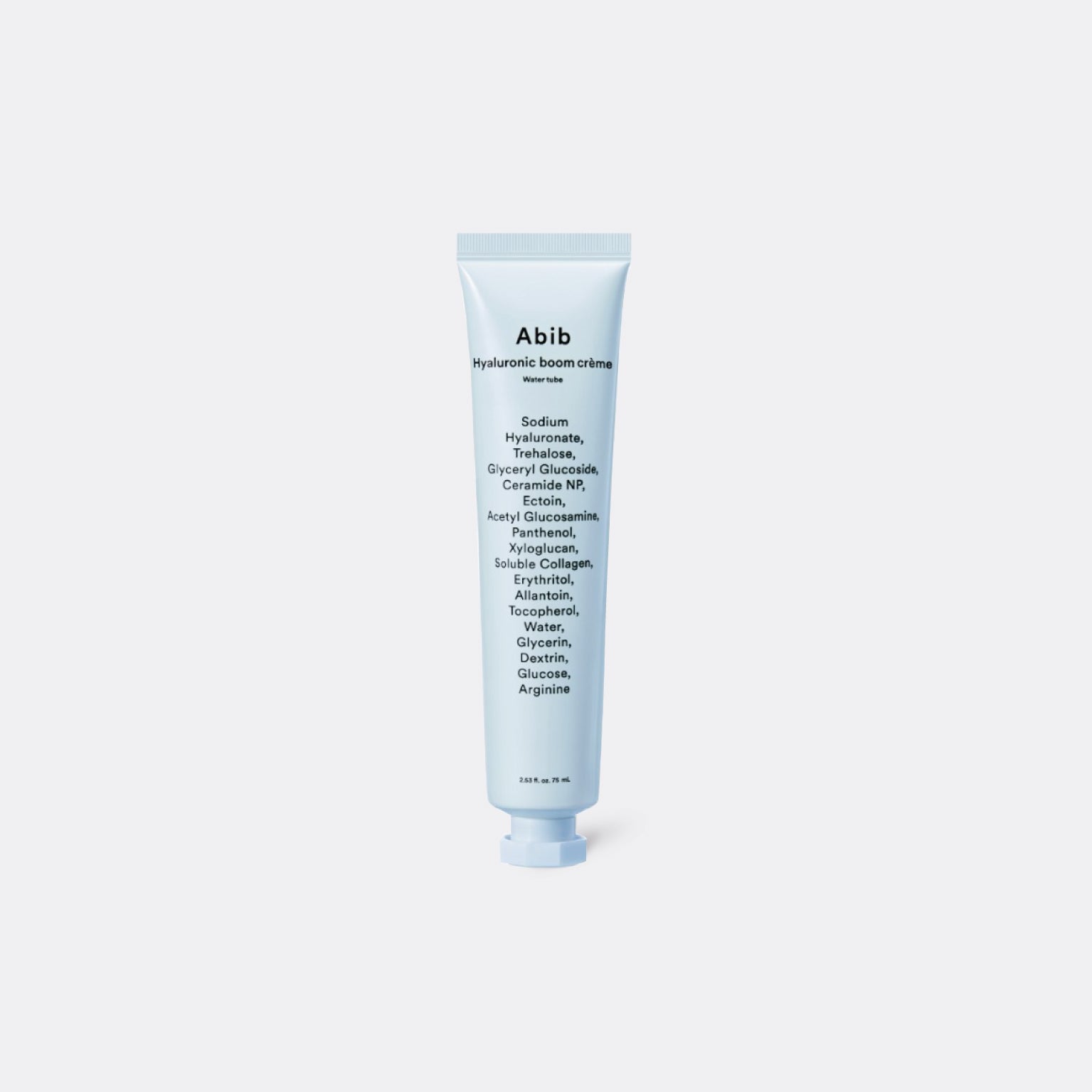 Tube of [Abib] HYALURONIC BOOM CRÈME WATER TUBE 75m on a white background