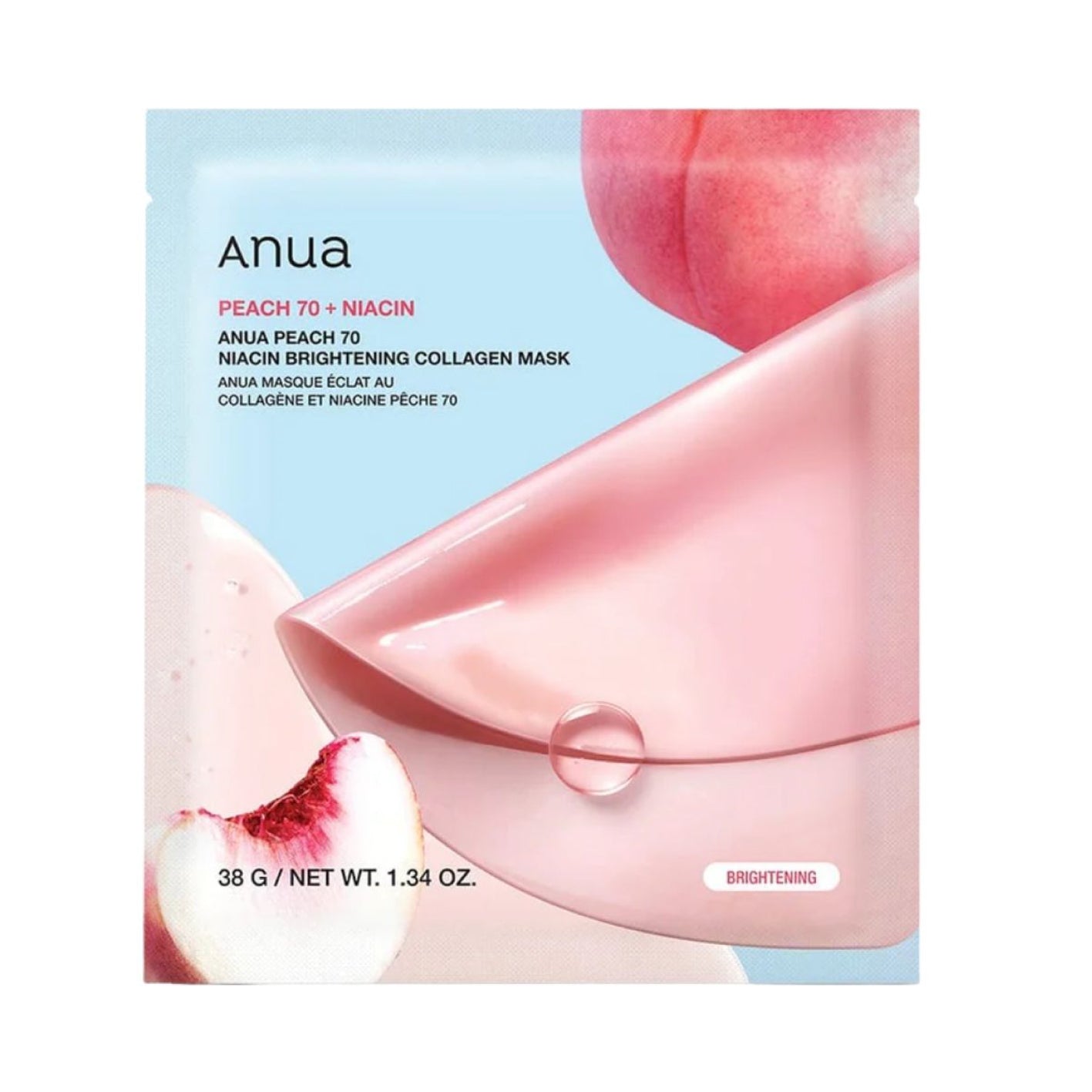 Anua Peach 70 + Niacin brightening collagen mask packaging with peach slices on a light blue background.