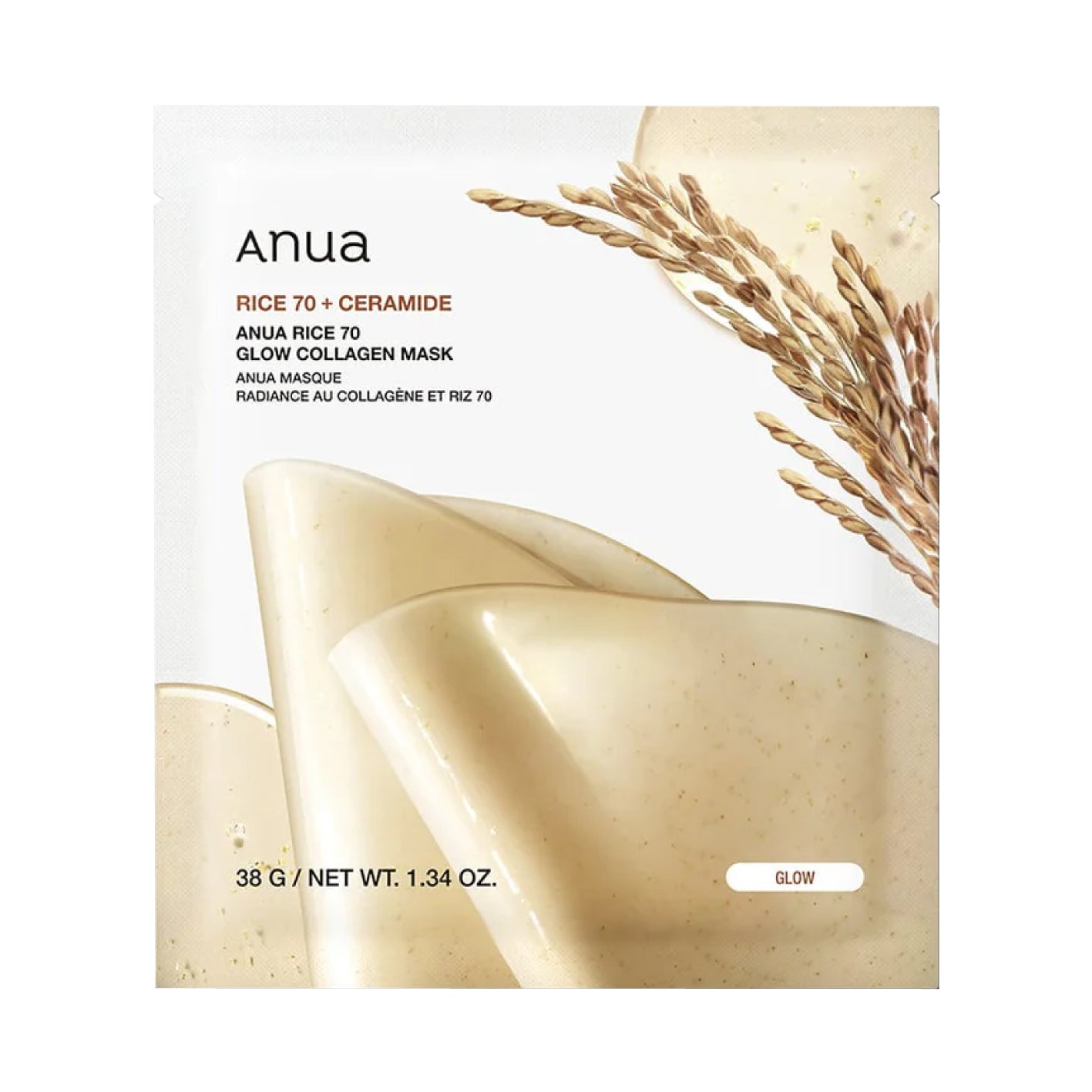 Anua Rice 70 + Ceramide Glow Collagen Mask packaging with rice grains on a light background
