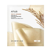 Anua Rice 70 + Ceramide Glow Collagen Mask packaging with rice grains on a light background