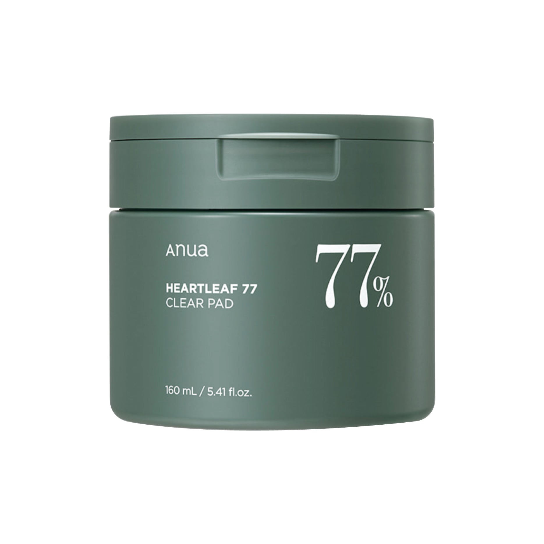 Green jar of Anua Heartleaf 77 Clear Pad on a white background