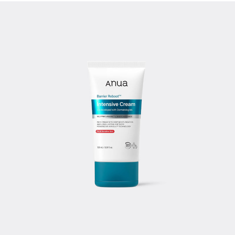 Anua Barrier Reboot Intensive Cream in a white squeeze tube with a teal cap, centered on a light gray background.