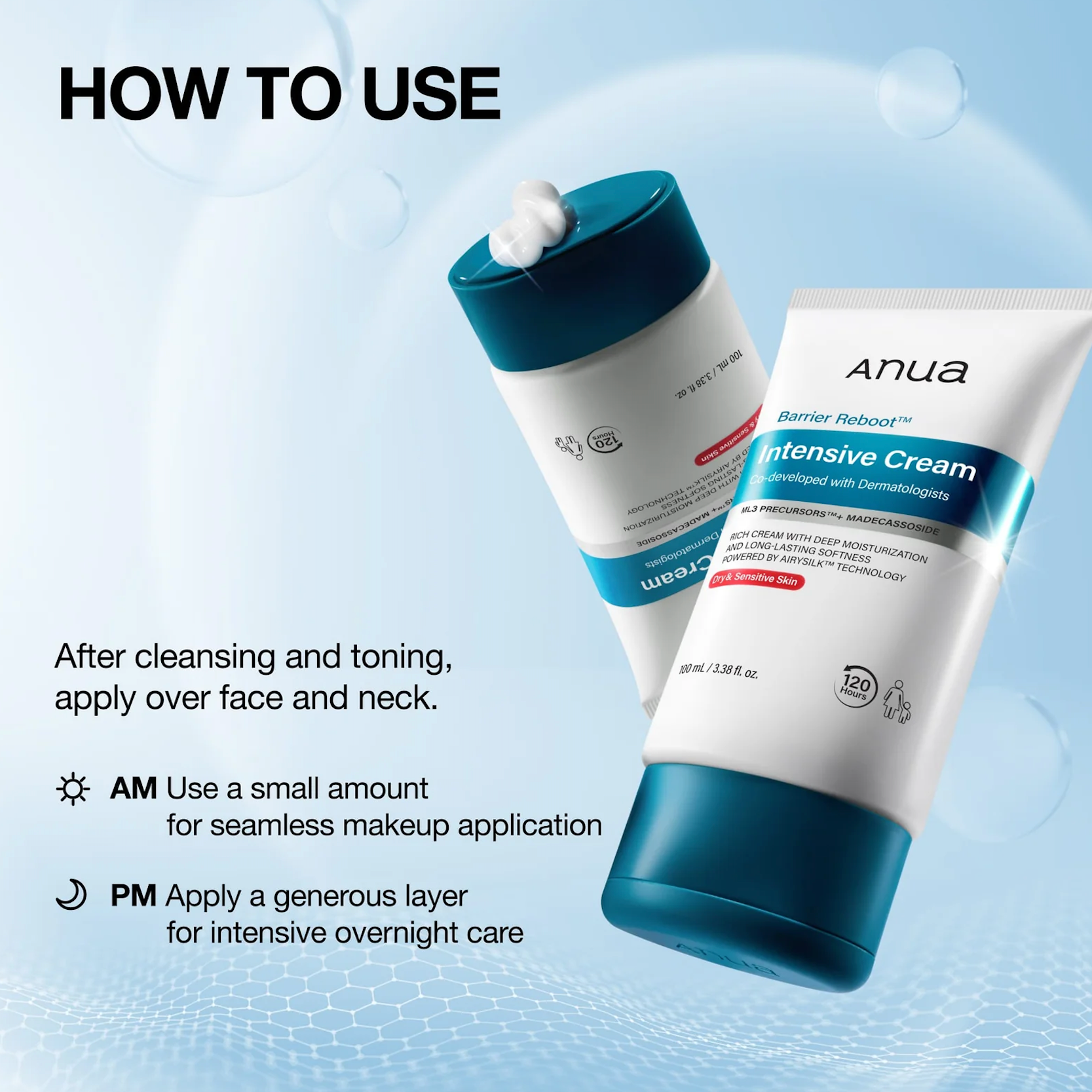 Anua Barrier Repair Intensive Cream shown in a white squeeze tube and matching cap container with blue and teal accents, alongside usage instructions on a light blue background.