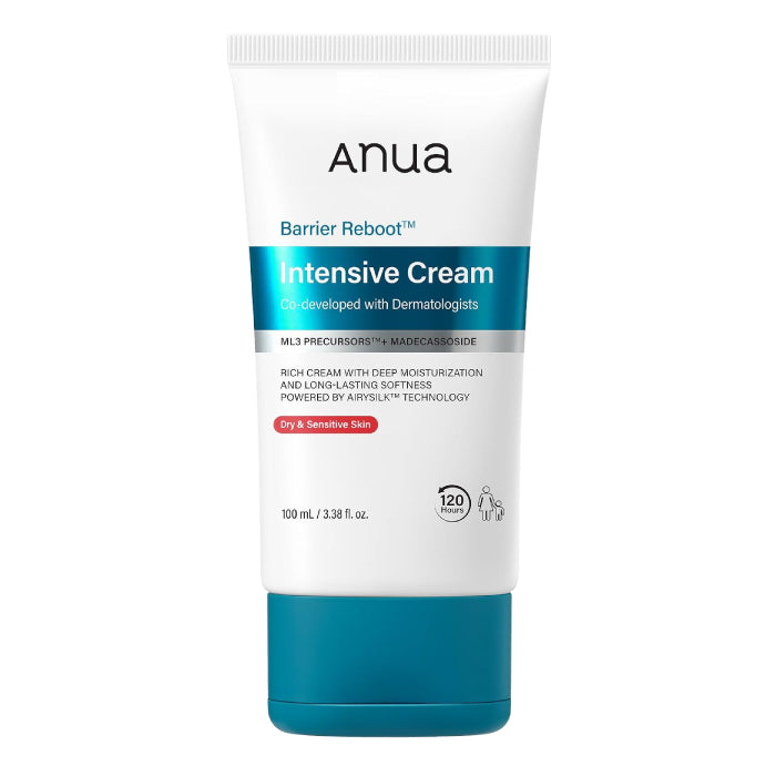 Anua Barrier Reboot Intensive Cream in a 100 mL white squeeze tube with a teal blue cap and teal blue label accents, shown on a plain white background.