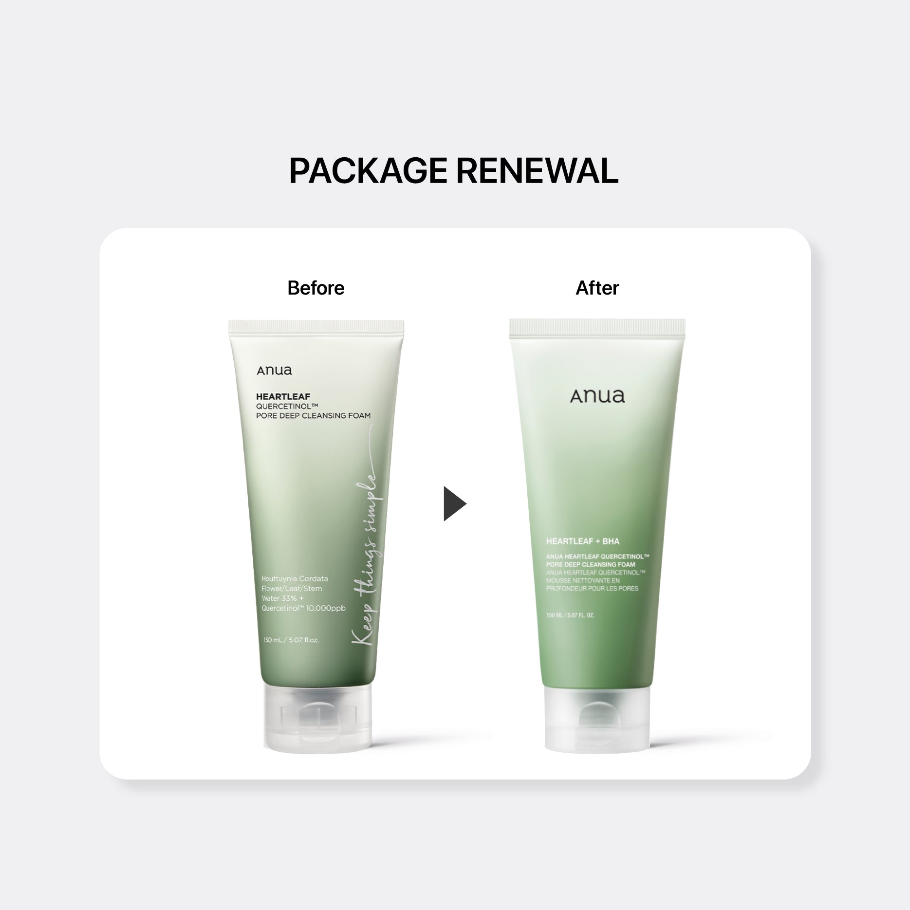 Before and after comparison of ANUA Heartleaf Quercentinol Pore Deep Cleansing Foam packaging
