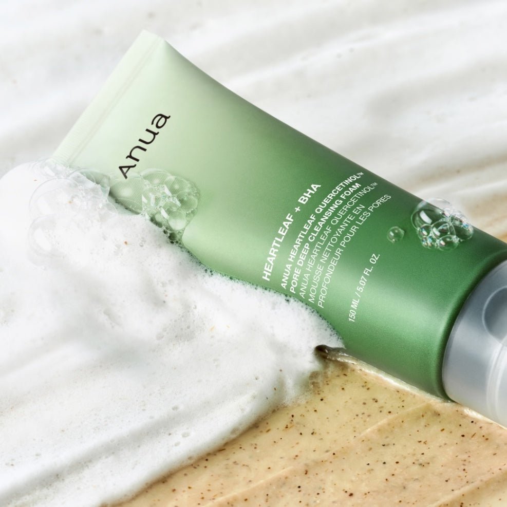 ANUA Heartleaf Quercentinol Pore Deep Cleansing Foam on a textured surface