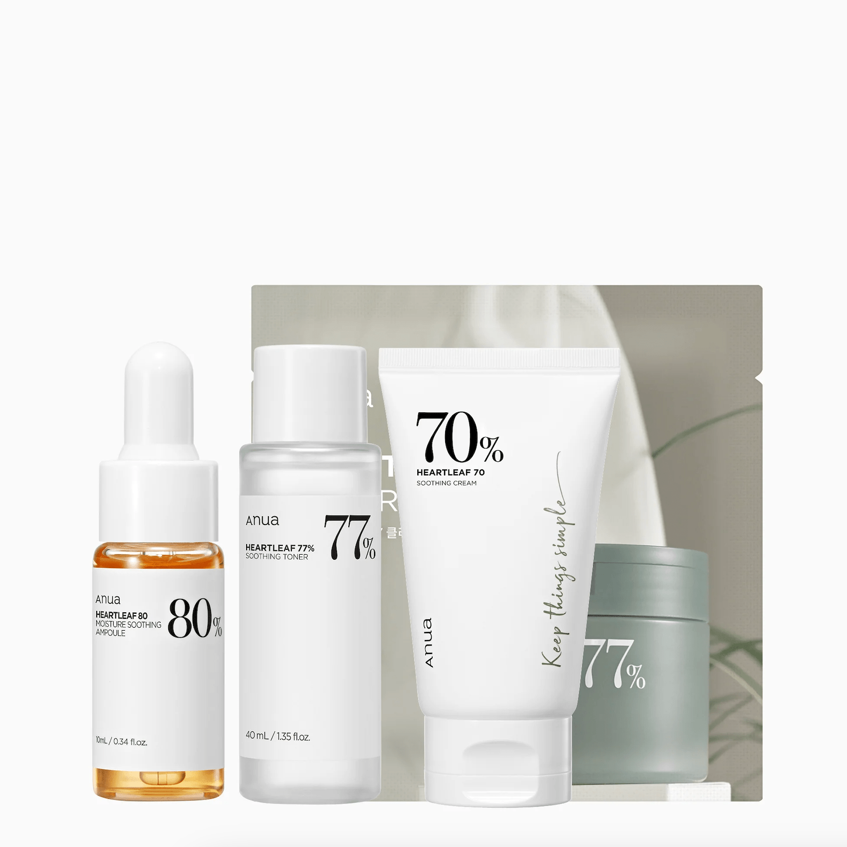 Set of skincare products with visible brand 'ANUA' on a white background