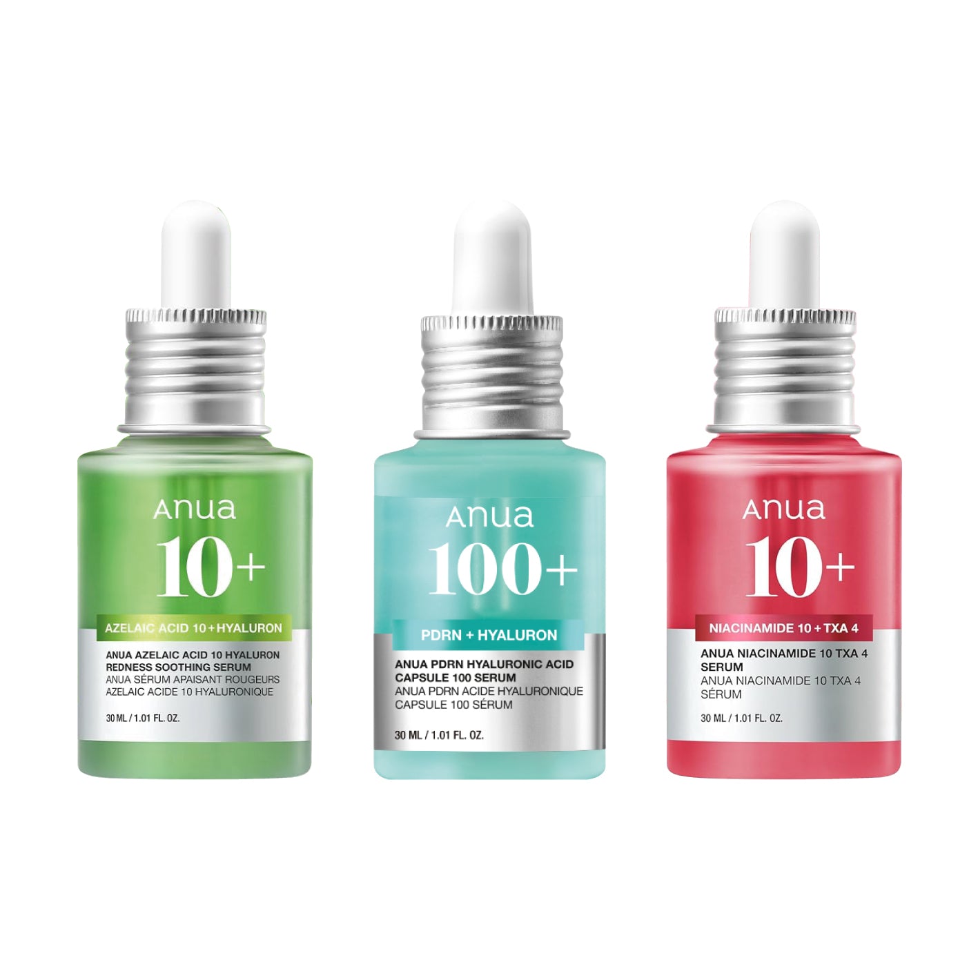 ANUA Serum Trio Set – Azelaic Acid, Niacinamide + PDRN bottles on white background