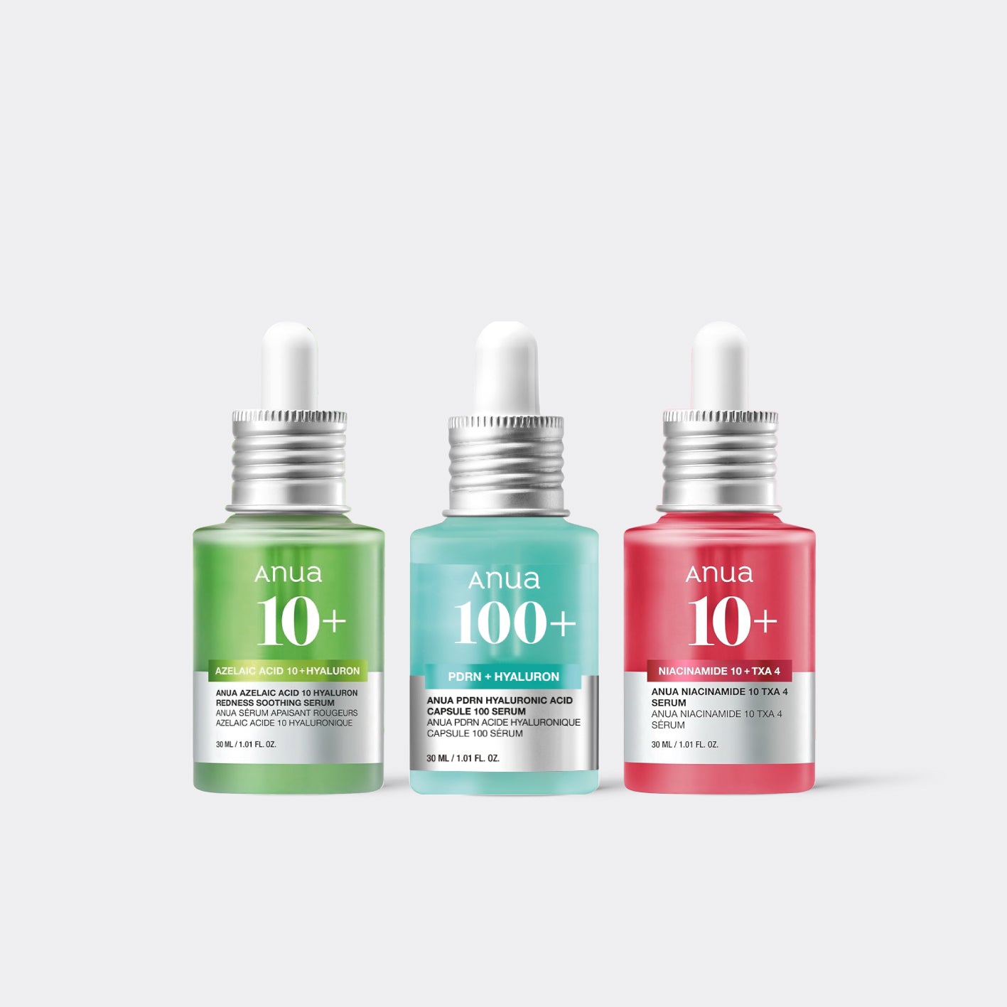 ANUA Serum Trio Set – Azelaic Acid, Niacinamide + PDRN on grey background