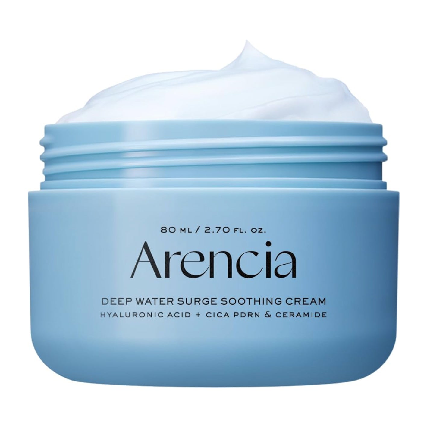 Blue jar of Arencia Deep Water Surge Soothing Cream on a white background