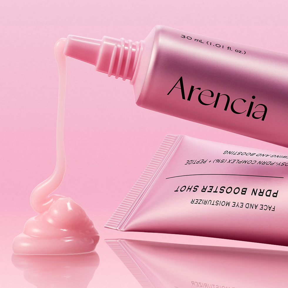 ARENCIA PDRN Booster Shot with 'Arencia' branding on a pink background