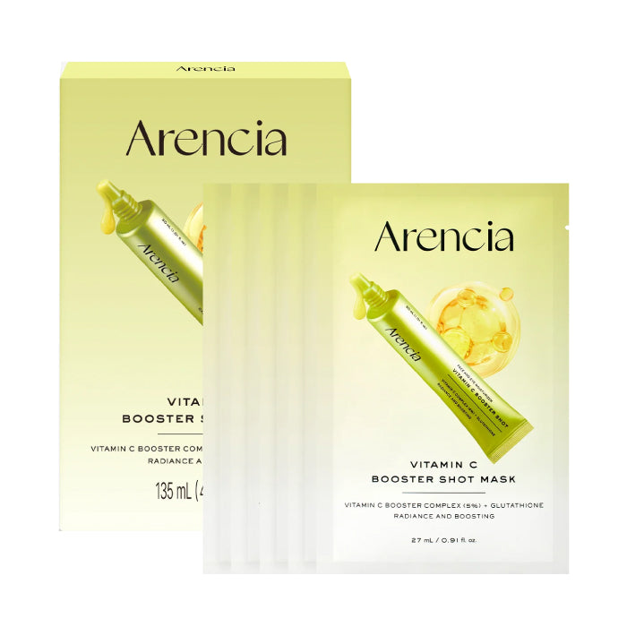 Arencia Vitamin C Booster Shot Mask set, showing the main product box, individual packet, and multiple translucent single-use mask sheets on a clean white background.