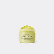 A jar of Arencia Vitamin C Glow Booster Gel Cream in a pale yellow-green shade, with a matching gel cream swirled on top of the open lid, set against a solid light gray background.