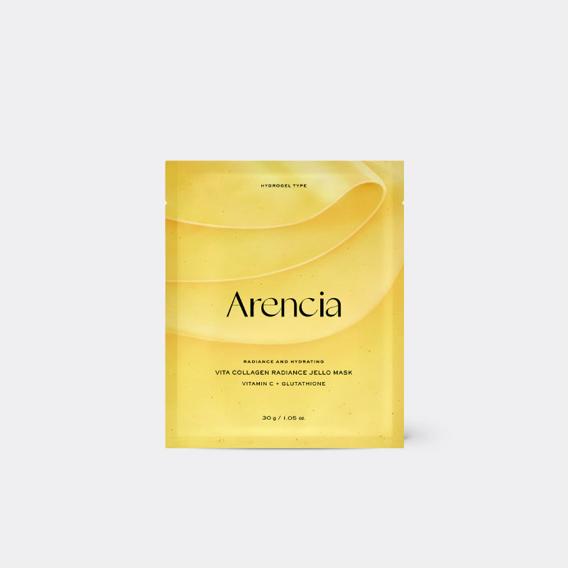 ARENCIA Vita Collagen Radiance Jello Mask packet from the brand Arencia, featuring a minimalist design with wavy lines and black text, set against a light gray background.