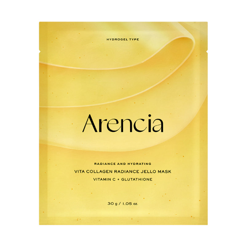 A yellow Arencia Vita Collagen Radiance Jello Mask packet on a white background.