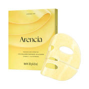 Arencia Radiance and Hydrating Jello Mask packaging box in pale yellow next to a translucent yellow sheet mask on a white background.