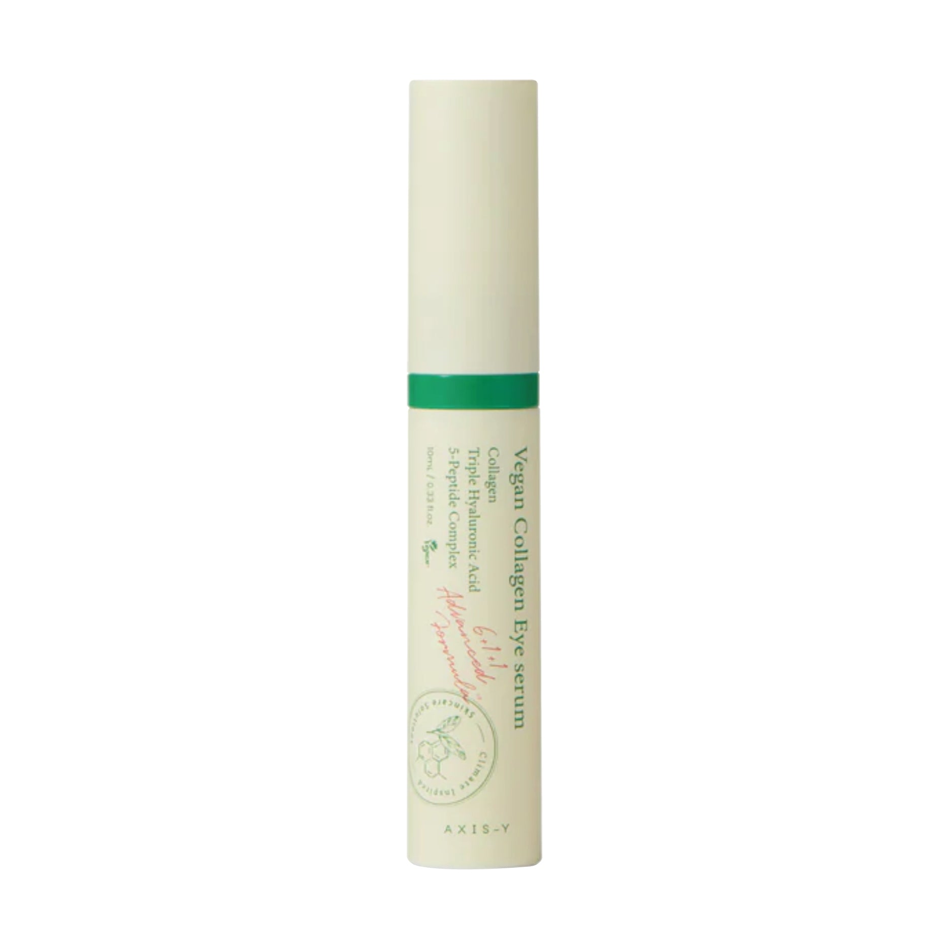 Vegan Collagen Eye Serum bottle with green label on a white background