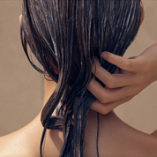 Person with AROMATICA Rosemary Hair Thickening Conditioner wet hair being held by a hand against a neutral background