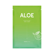 Green aloe vera sheet mask packaging with 'Aloe' text and '100% Vegan' label on a white background.