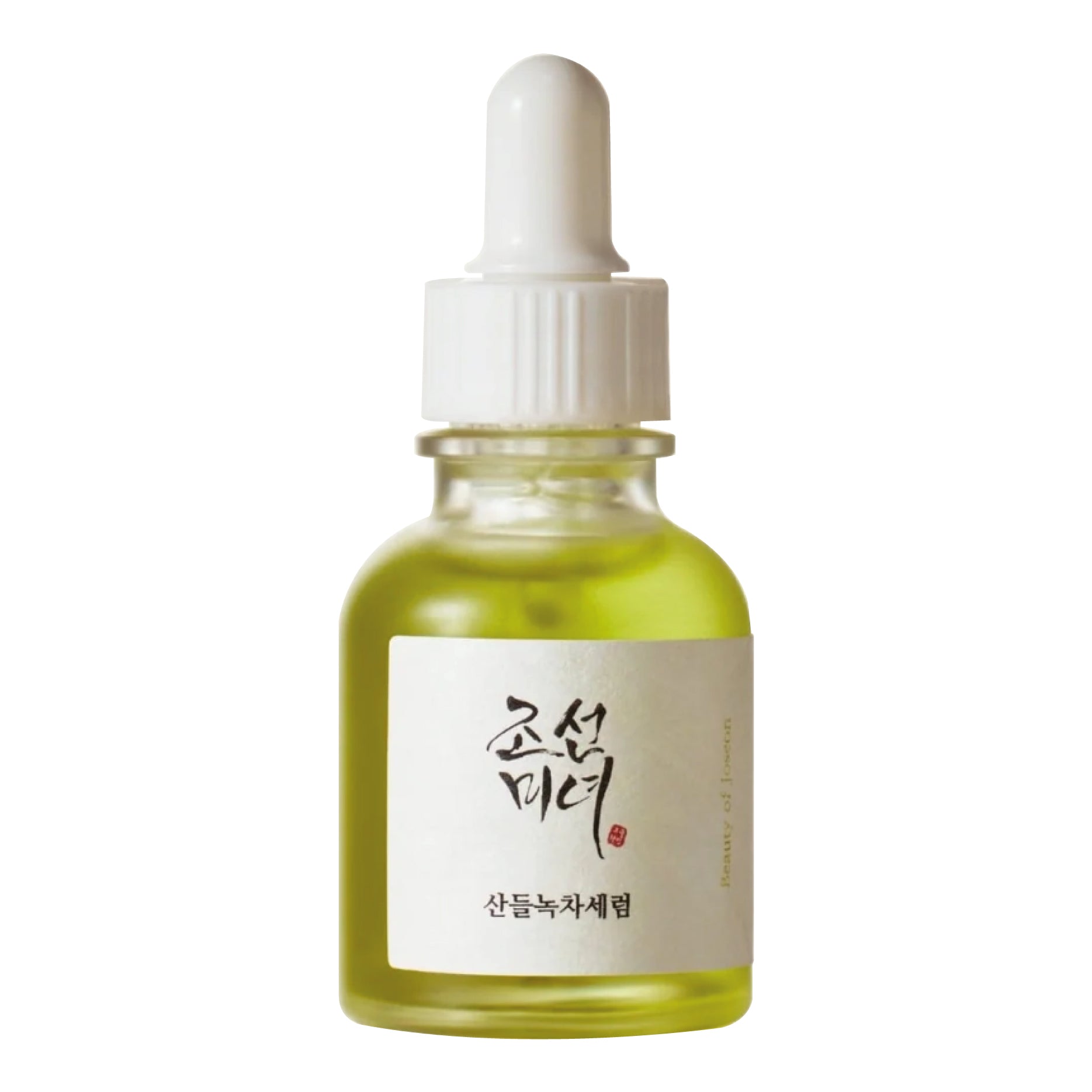 BEAUTY OF JOSEON Calming Serum : Green tea + Panthenol Bottle of green liquid with a dropper on a white background