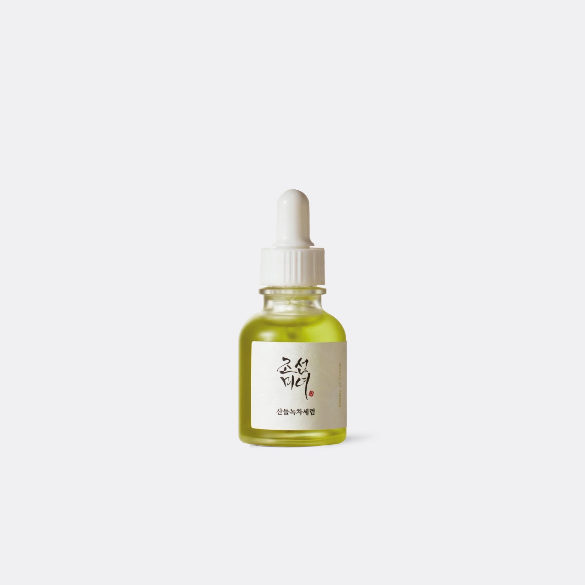BEAUTY OF JOSEON Calming Serum : Green tea + Panthenol Bottle of green liquid with a dropper on a white background