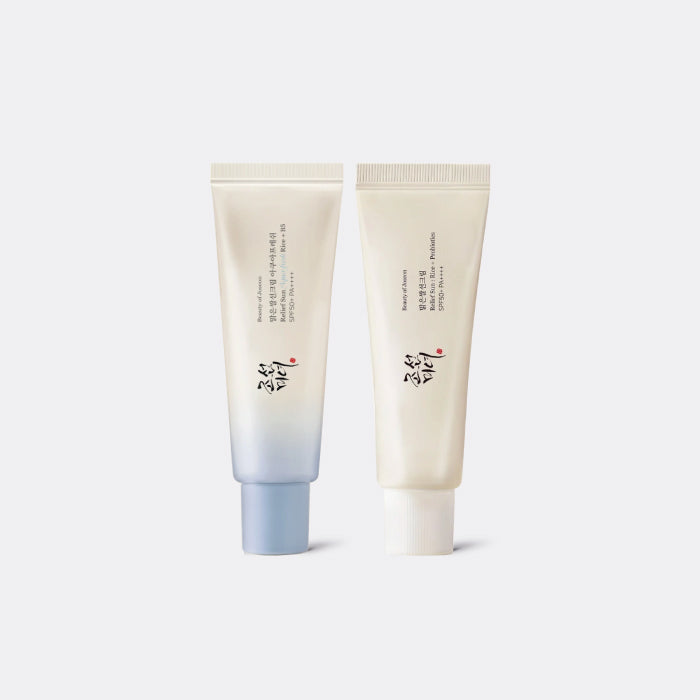 BEAUTY OF JOSEON Original Rice & Aqua Fresh Relief Sun Duo with gradient color design on a light gray background