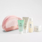 A pink mesh cosmetic pouch with four skincare bottles and tubes from Beauty of Joseon, arranged on a clean white background.