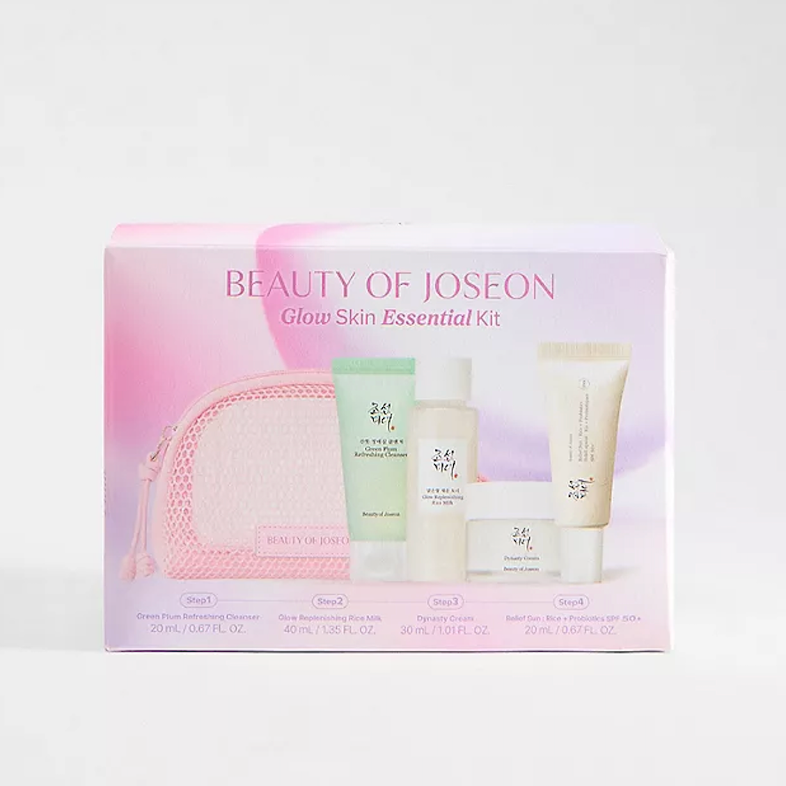 Beauty of Joseon Glow Skin Essential Kit in its original packaging, featuring a pink and white box with a pink zippered pouch and skincare tubes and jars displayed in front.