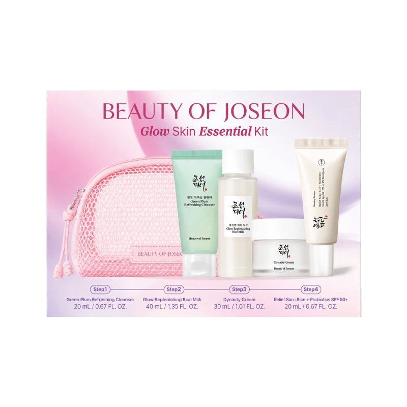 Beauty of Joseon Glow Skin Essential Kit featuring a pink mesh makeup bag and five skincare products (cleanser, toner, and moisturizer, sunscreen) arranged on a pink and purple gradient background with step-by-step labels.