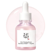 A pink glass dropper bottle of BEAUTY OF JOSEON Pore Firming Serum Red Bean PDRN+Peptide with a white label and white dropper cap, set against a white background with a soft pink circular graphic.