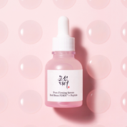 BEAUTY OF JOSEON Pore Firming Serum Red Bean PDRN+Peptide, set against a pink background with circular bubble patterns.