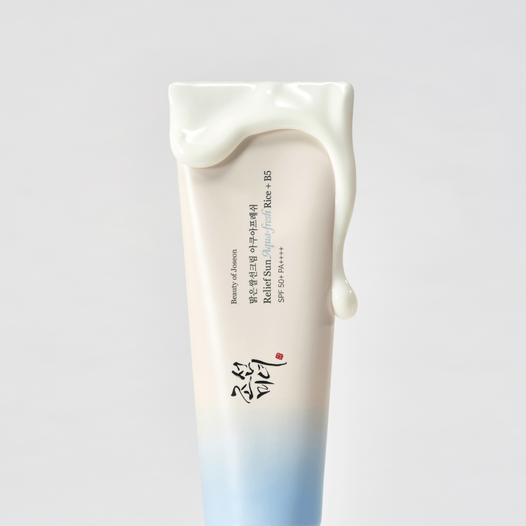 BEAUTY OF JOSEON Relief Sun Aqua-Fresh : Rice + B5 (SPF50+ PA++++) cream tube on a light gray background