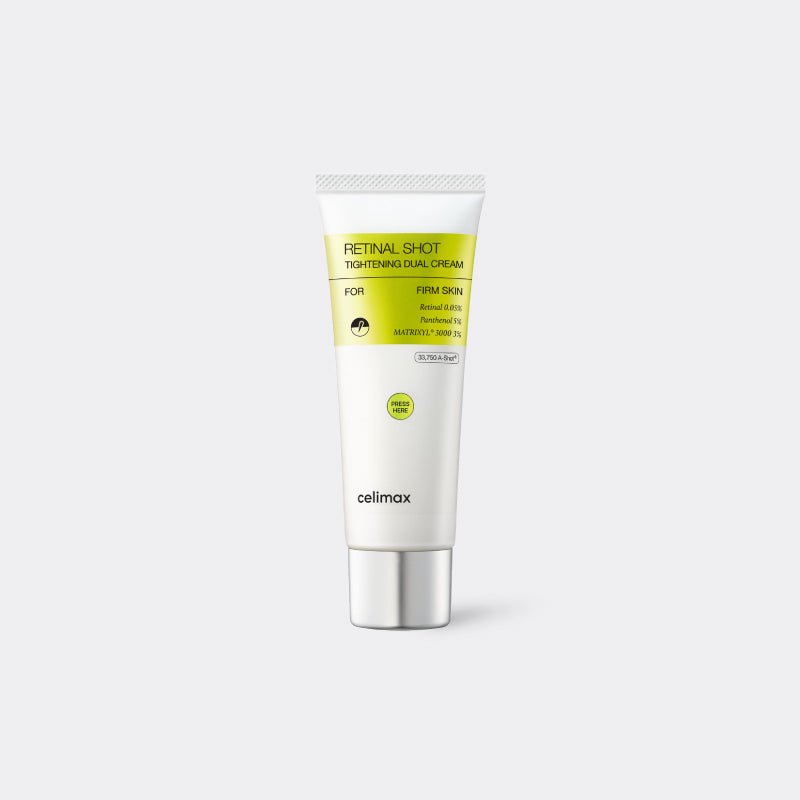 A white squeeze tube of CELIMAX The VITA-A Retinal Shot Tightening Dual Cream (50 ml) with a yellow-green label and silver cap, centered on a light gray background.