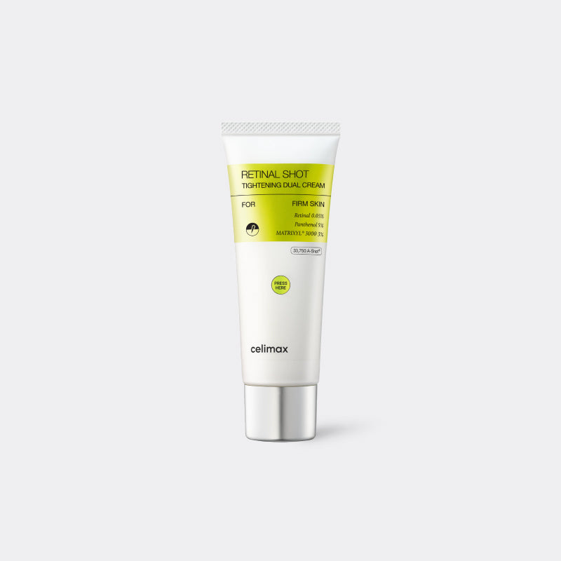 A white squeeze tube of CELIMAX The VITA-A Retinal Shot Tightening Dual Cream (50 ml) with a yellow-green label and silver cap, centered on a light gray background.