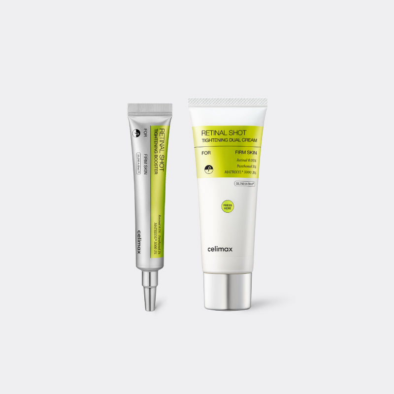 Two cosmetic tubes from Celimaxon a light gray background: a smaller silver-and-green Retinal Shot Tightening Dual Cream tube and a larger white-and-yellow Retinal Shot Tightening Dual Cream tube.