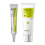 Two cosmetic tubes from Celimax on a white background: a silver and lime green 'Retinal Shot Tightening Booster' tube on the left, and a white and lime green 'Retinal Shot Tightening Dual Cream' tube on the right.