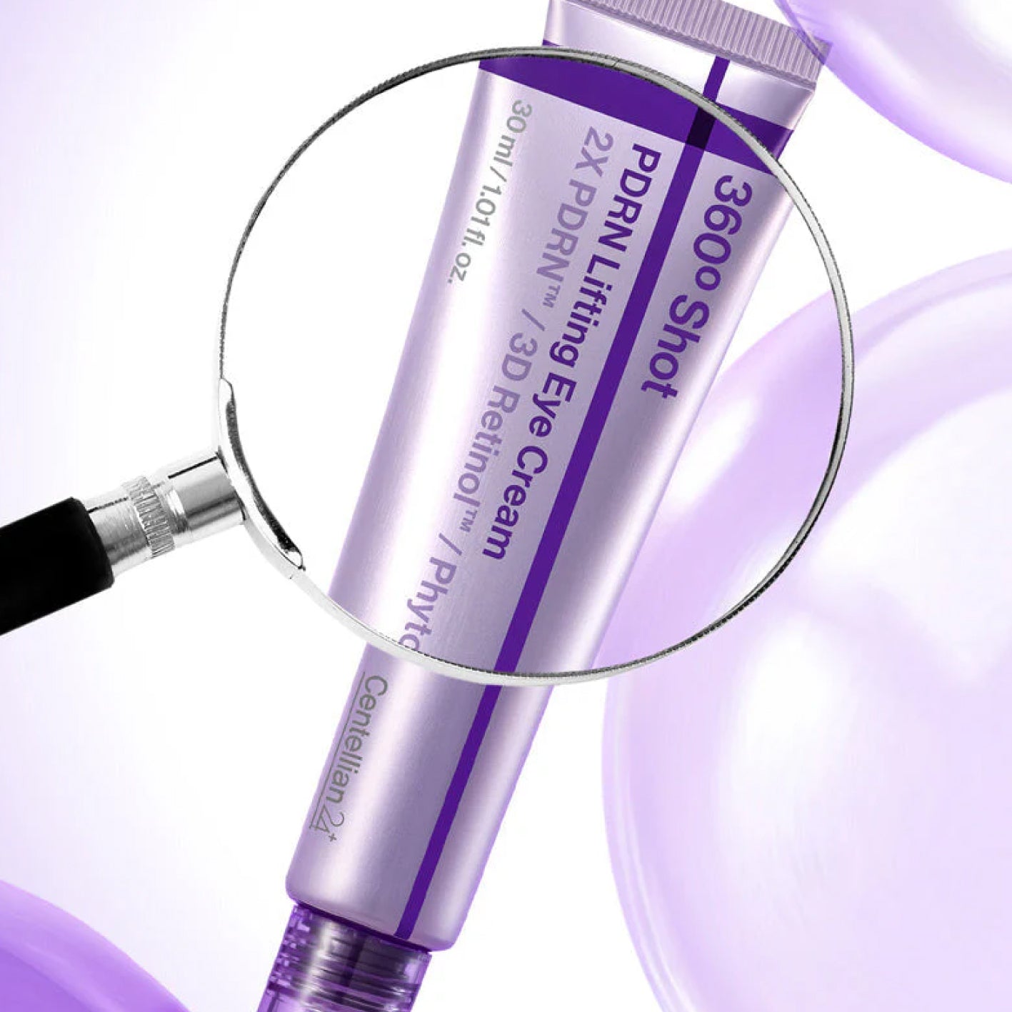 CENTELLIAN24 360º Shot PDRN Lifting Eye Cream with magnifying glass on a purple background