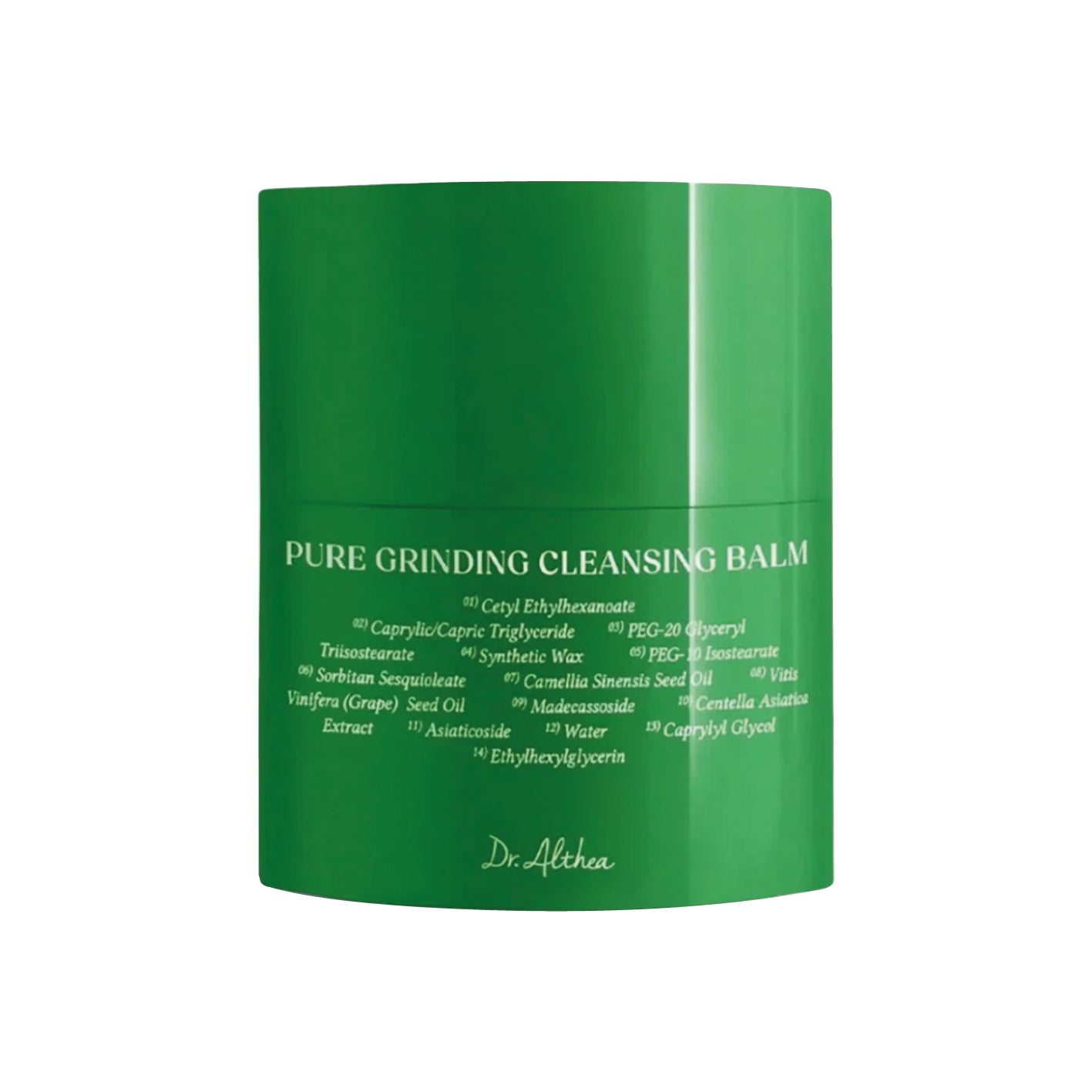 Green container of 'Pure Grinding Cleansing Balm' by Dr. Althea on a white background