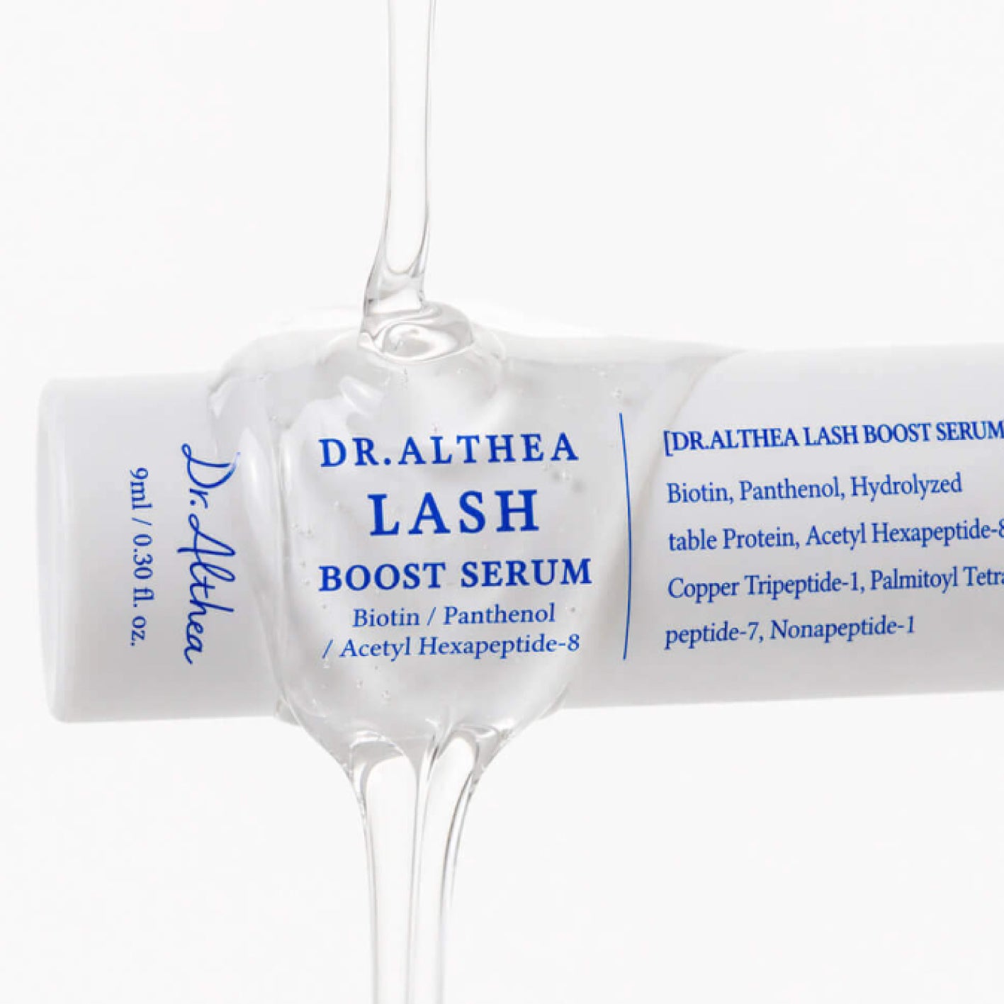 Dr. Althea Lash Boost Serum with visible droplet on a white background