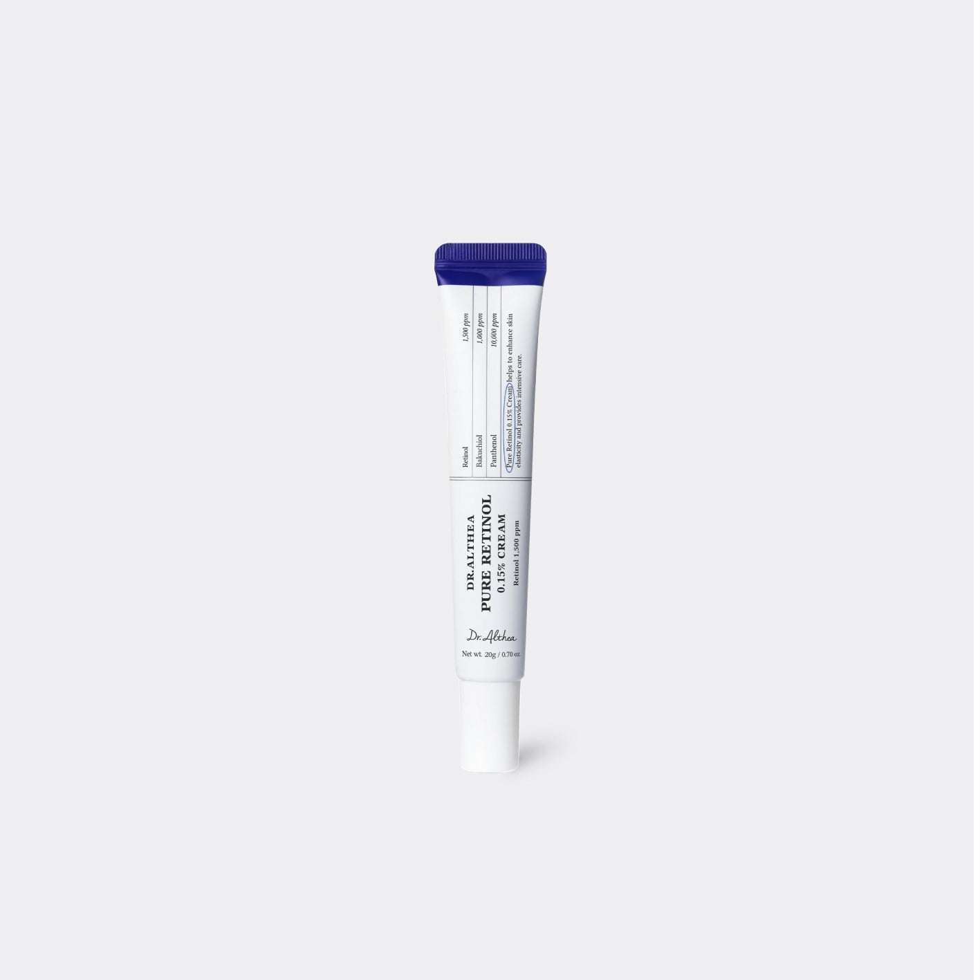 A white squeeze tube of DR. ALTHEA Pure Retinol 0.15% Cream with a dark blue cap, centered on a light gray background.
