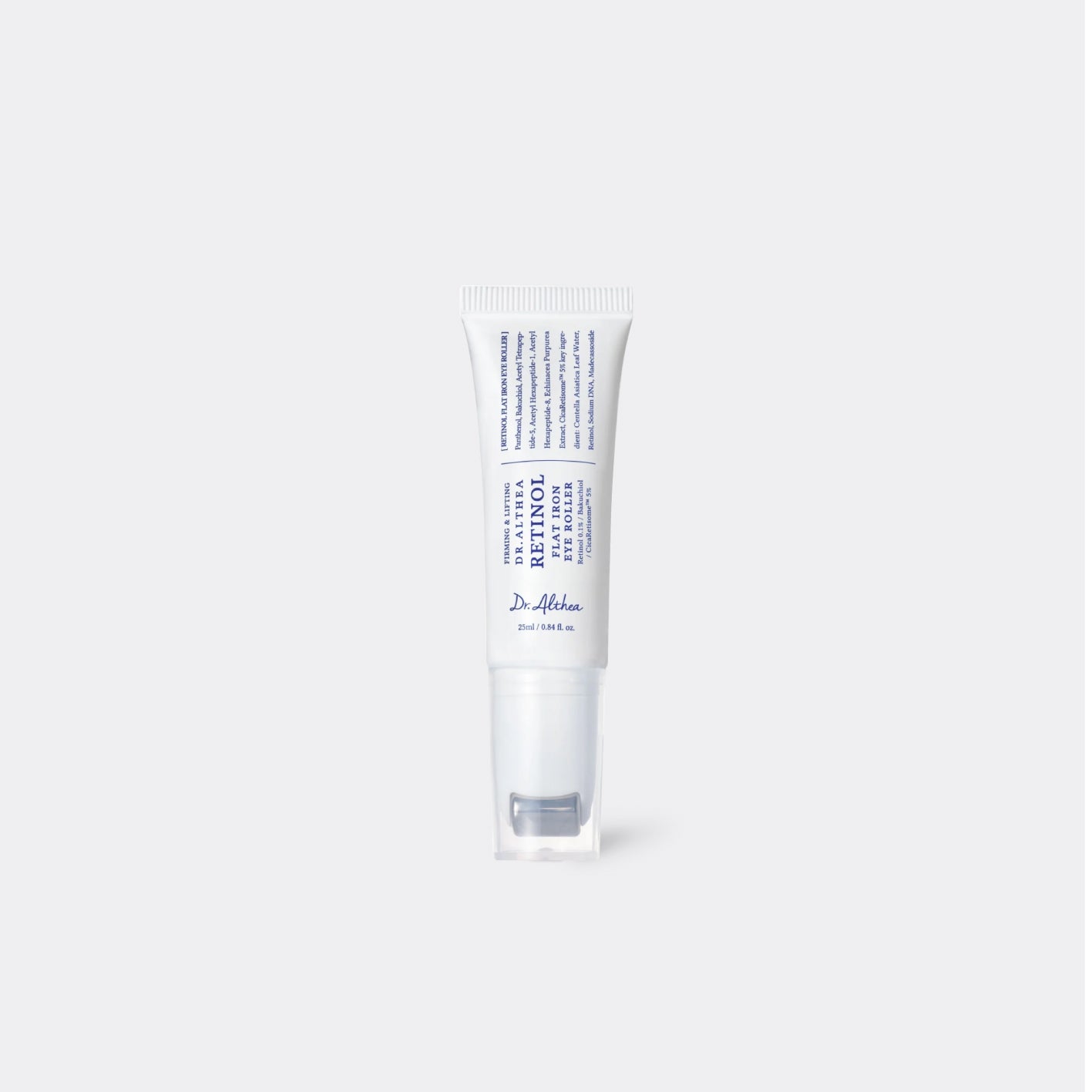 DR. ALTHEA Retinol Flat Iron Eye Roller tube on grey background